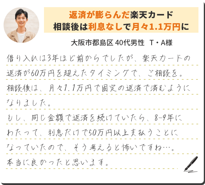 返済が膨らんだ楽天カード相談後は利息なしで月々1.1万円に
